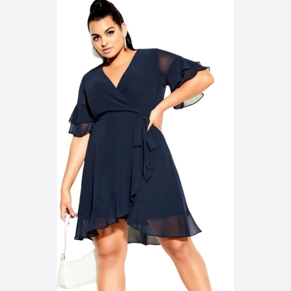 City Chic | Blue Flutter Frill Mini Tie Waist Faux Wrap Dress Size XXL/24 - Picture 1 of 11